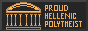 A small dark animated button with a temple on the left side and text that states: proud hellenic polytheist on the right side