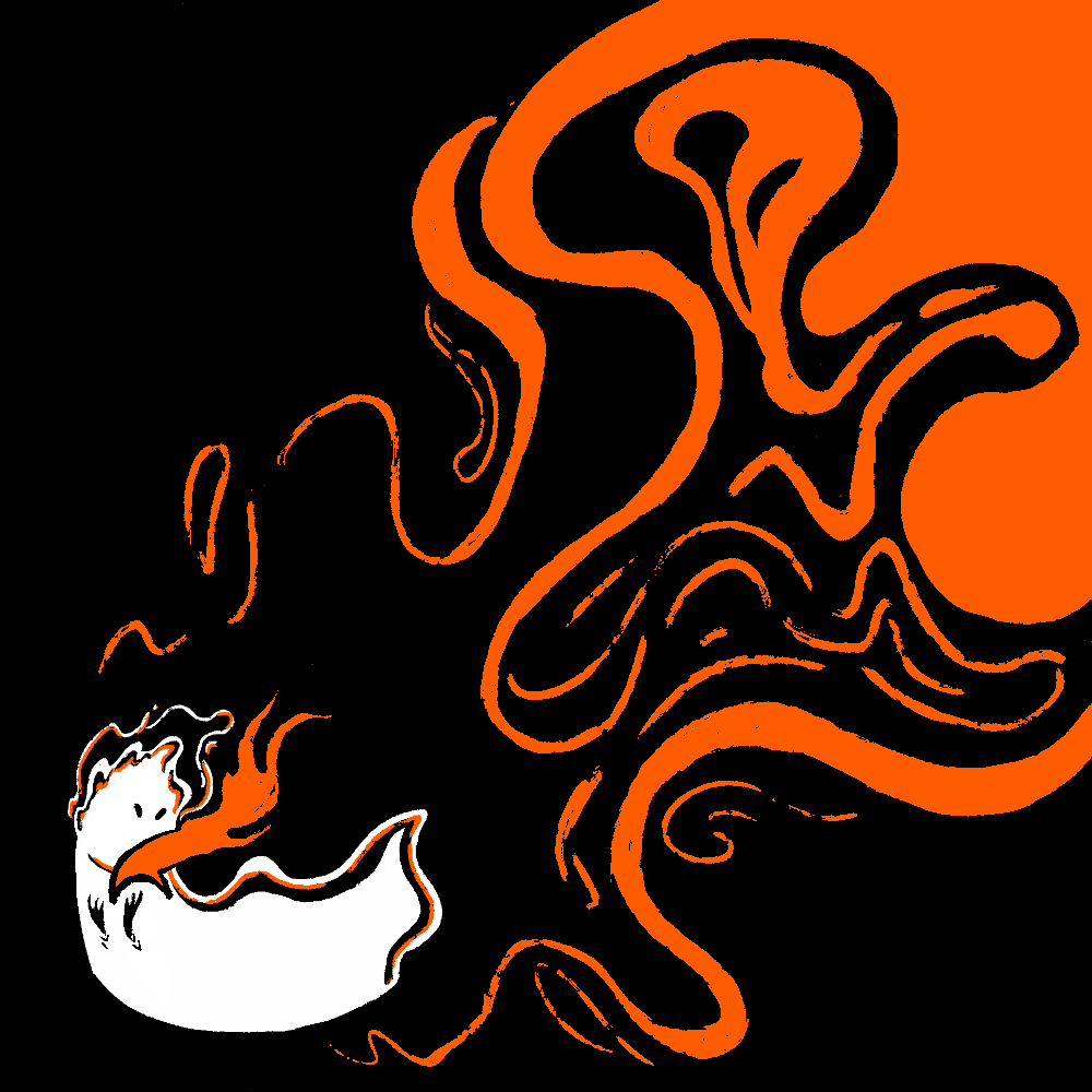 A spirit on the left bottom corner of the art piece has a fire in it's hands. Top right corner and most of the piece has fire that has visibly been broken into by the spirit.