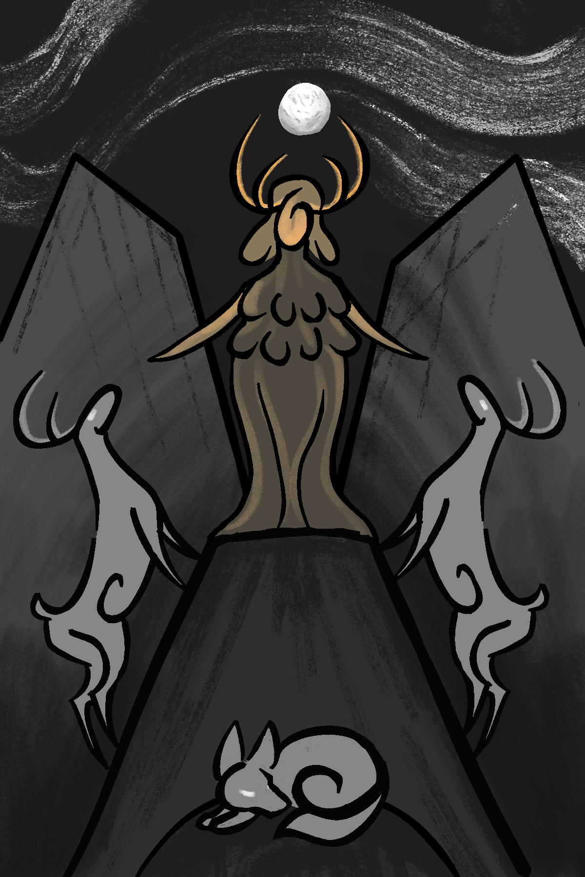 There's a figure of a woman in the middle, stanting on a mountain top. She wears a garment with oxen breasts. To her sides are two deer, below her is a sleeping wolf. Behind, two mountains and a night sky.