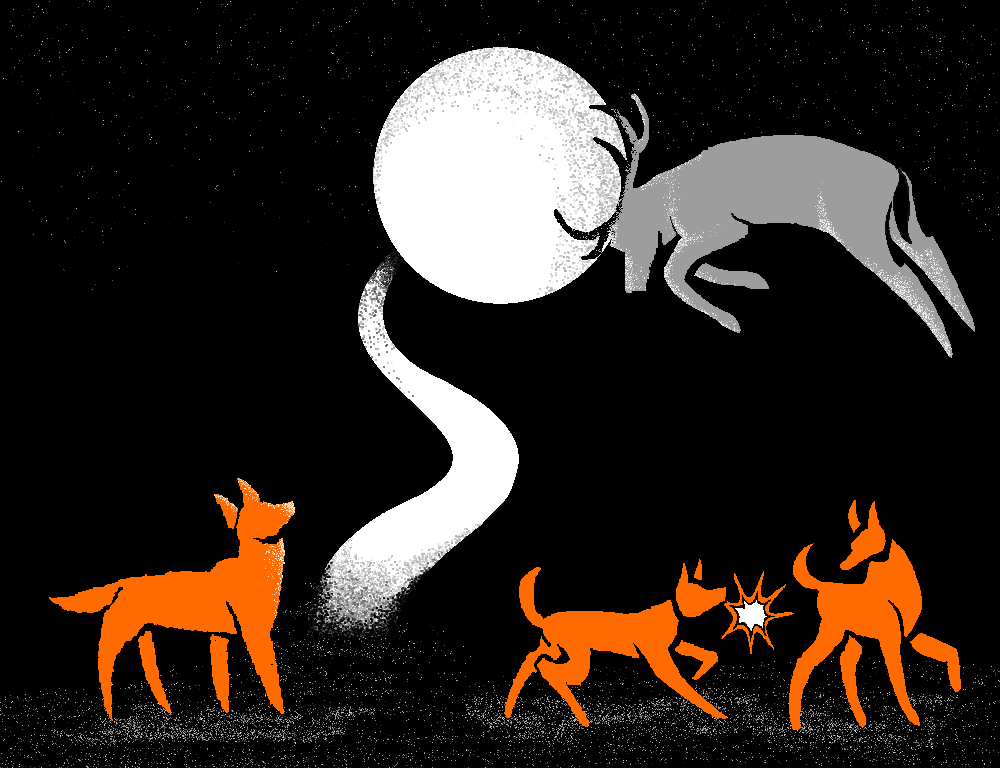 Three dogs walking on the starry path. One dog hold a star in it's mouth. One dog is looking up on a cosmic pathway. Pathway leads to the moon that is being pushed by the deer