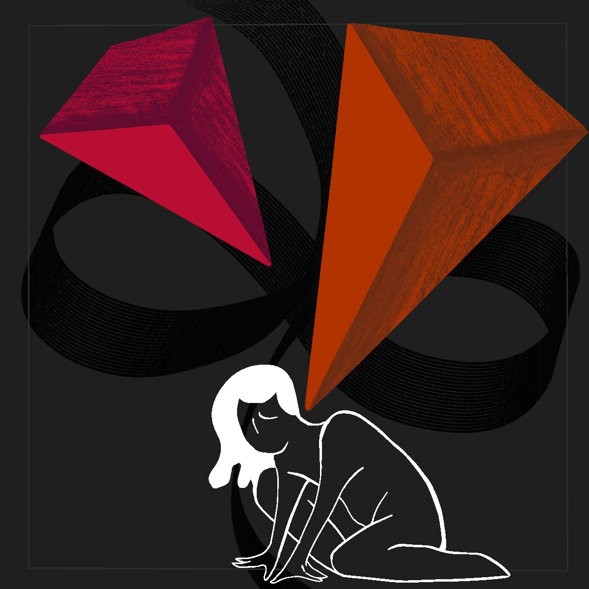 A struggling figure on the bottom of the art piece. There are enormous pyramids turned downward almost piercing the figure.