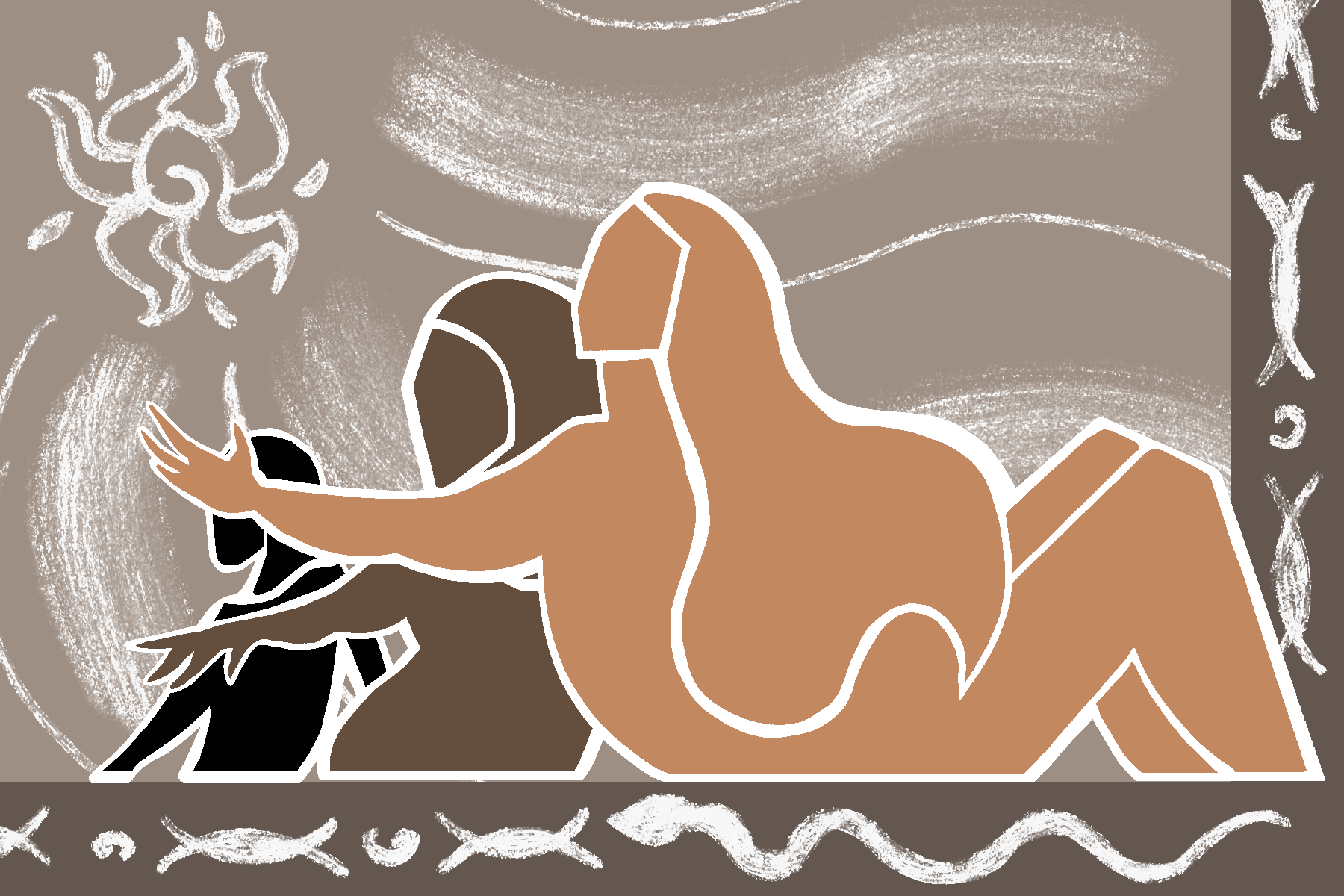 A person in the embrace of a wingless sphinx. Suggestive illustration.