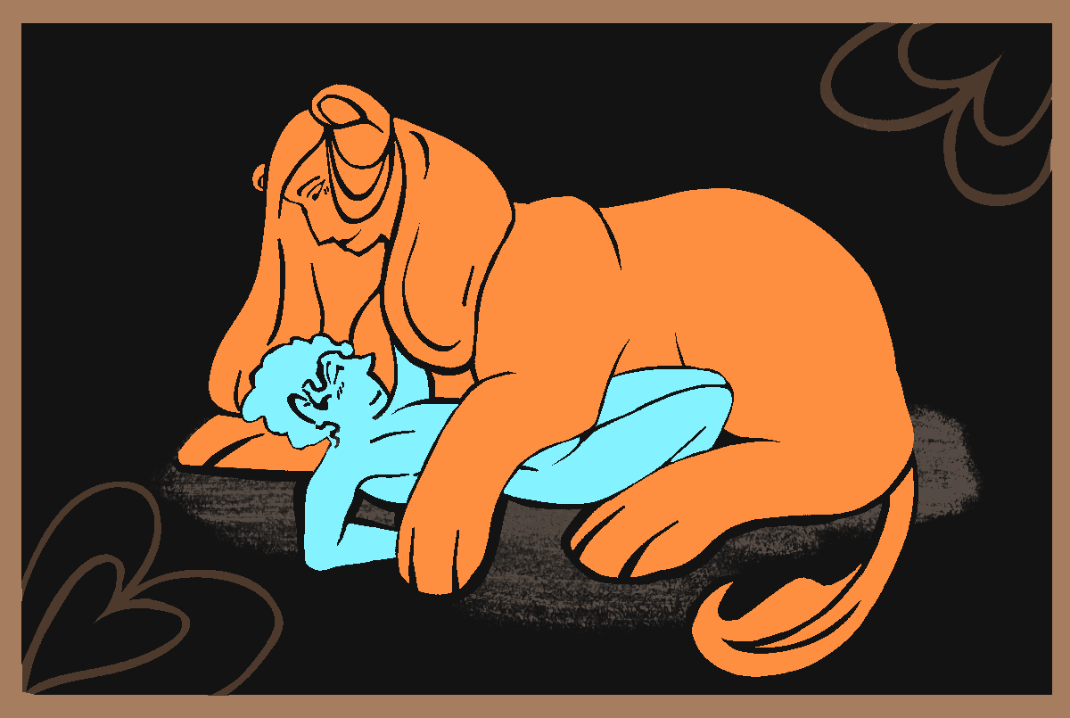 A person in the embrace of a wingless sphinx. Suggestive illustration.