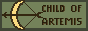 A small blinkie button with a bow shooting an arrow and text that states: child of Artemis