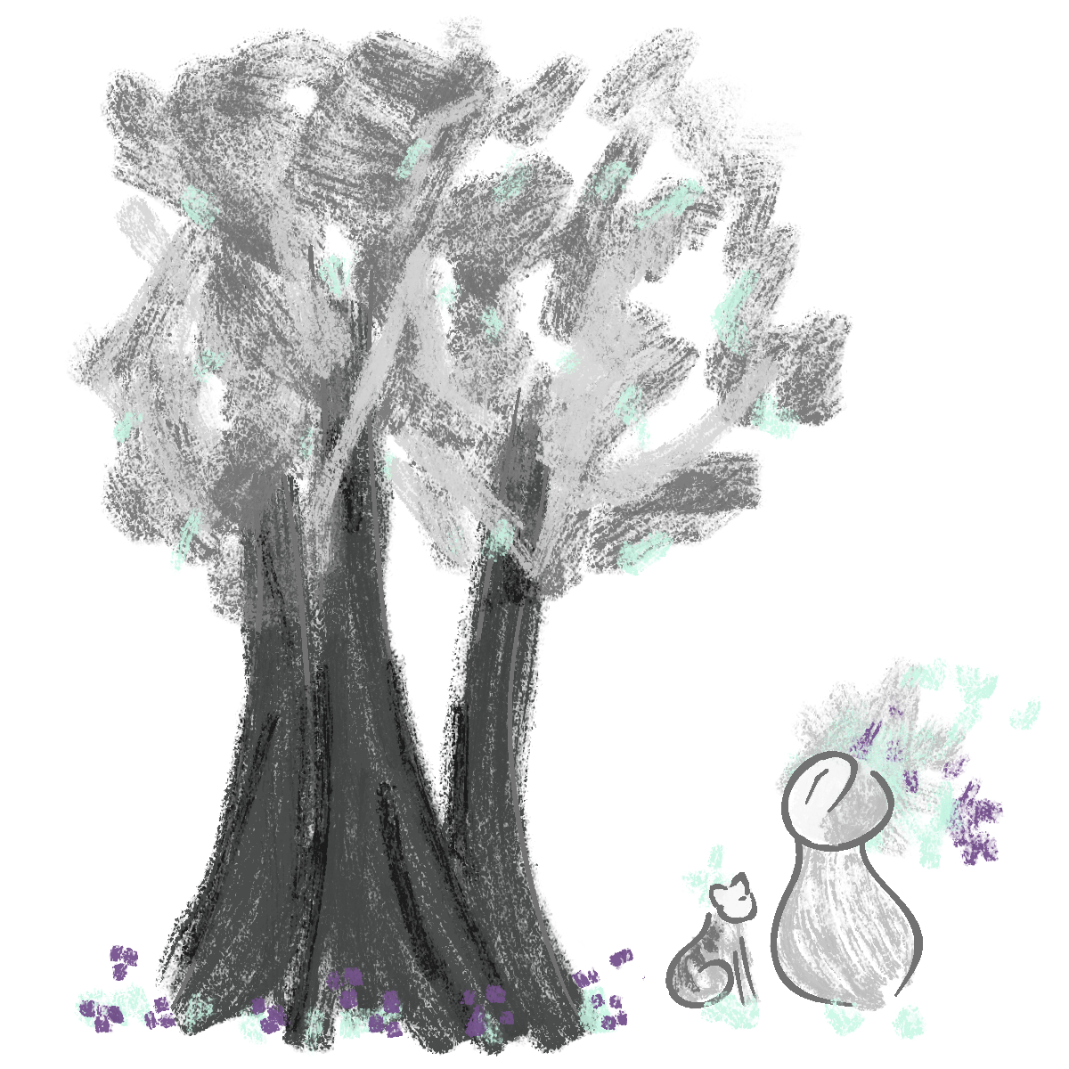 On the right side there's a figure with a cat. The figure is starting at a group of trees on the left side of the art piece.